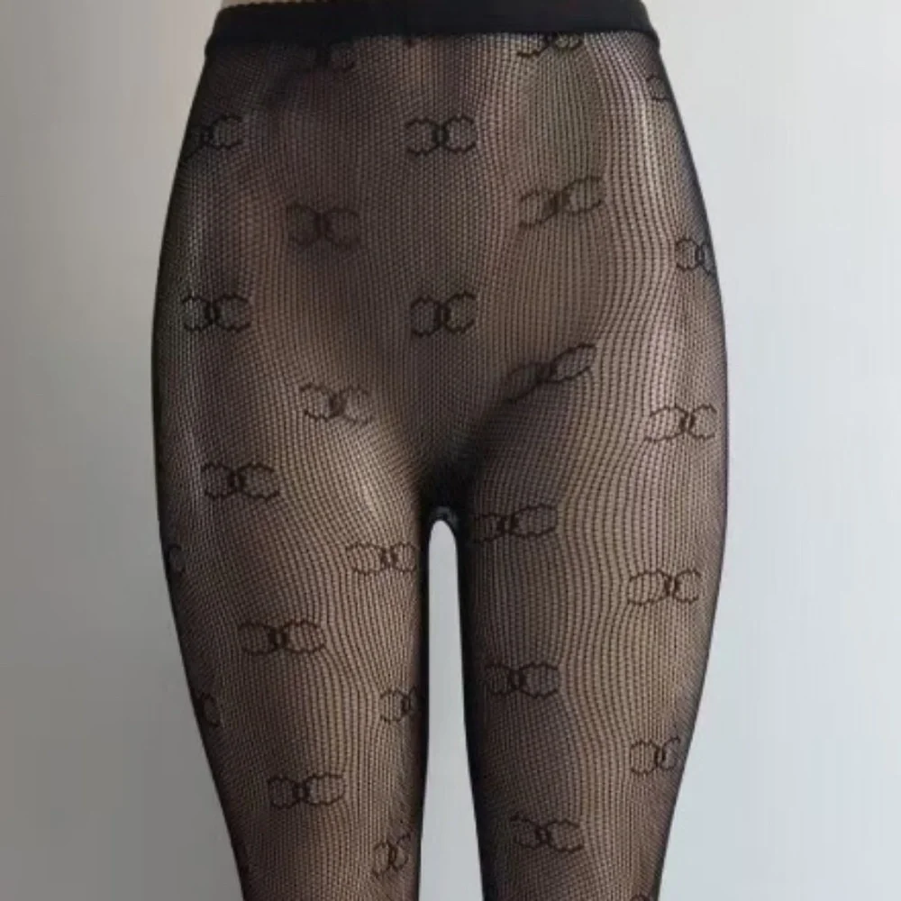 Brocade eyelash CC Monogram Logo, Nylon Pantyhose Black Tights